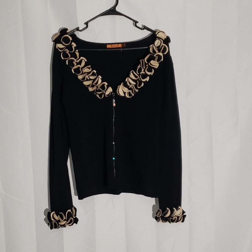 Black Sweater with Cream And Black 'Ruffles' At Collar And Sleeve Hems. Medium